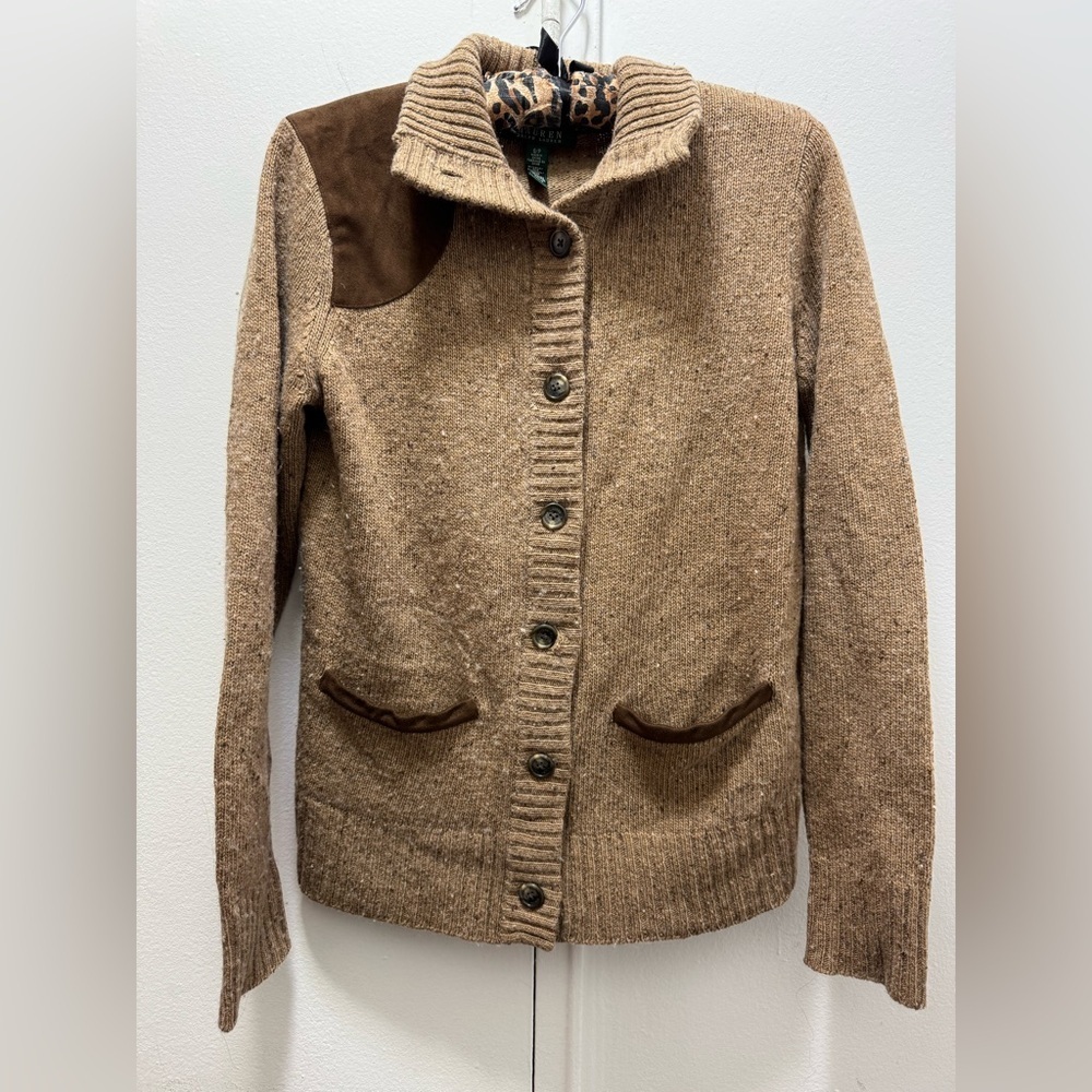 Ralph Lauren Brown Button-Up Knit Cashmere Blend Cardigan Suede Shoulder Patch